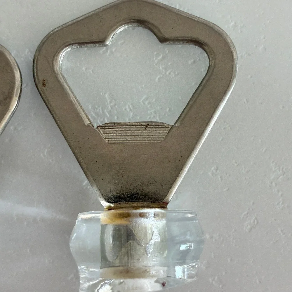 Vintage Bottle Opener Glass Stopper Set of 2 Silver Metal Barware Tools